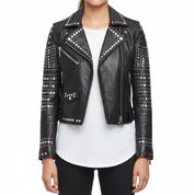 Women's Handmade Stylish Black Leather Jacket with Silver Studs