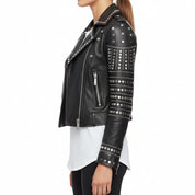Women's Handmade Stylish Black Leather Jacket with Silver Studs