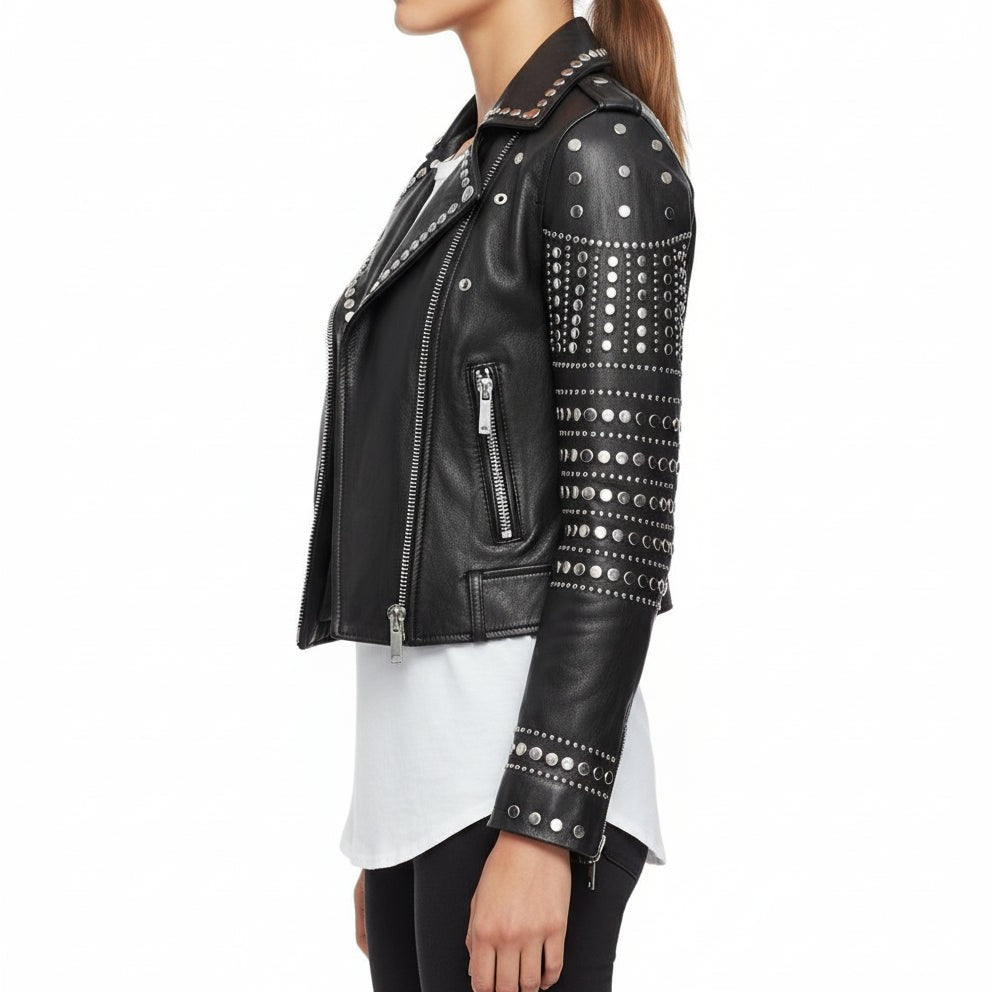Women's Handmade Stylish Black Leather Jacket with Silver Studs