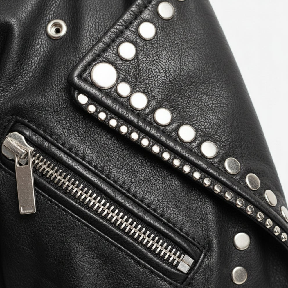 Women's Black Silver Studded Leather Jacket | Zipper Sleeve Moto