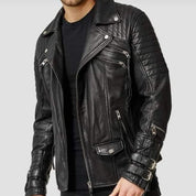 Men's Handmade Black Biker Leather Jacket with Multi Pockets