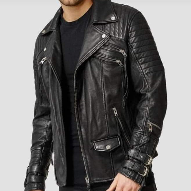 Men's Handmade Black Biker Leather Jacket with Multi Pockets