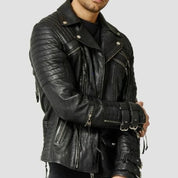 Men's Handmade Black Biker Leather Jacket with Multi Pockets