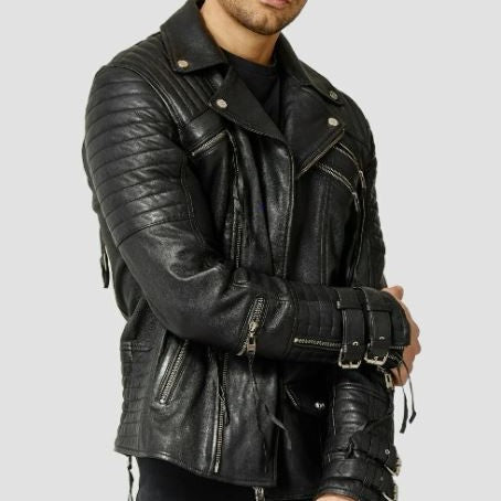 Men's Handmade Black Biker Leather Jacket with Multi Pockets