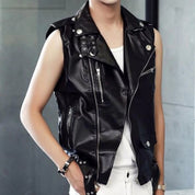 Men's Black Belted Vest Leather Jacket