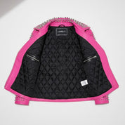 Women's Hot Pink Studded Full-Grain Leather Moto Jacket