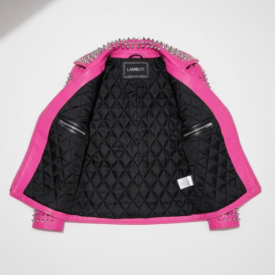 Women's Hot Pink Studded Full-Grain Leather Moto Jacket