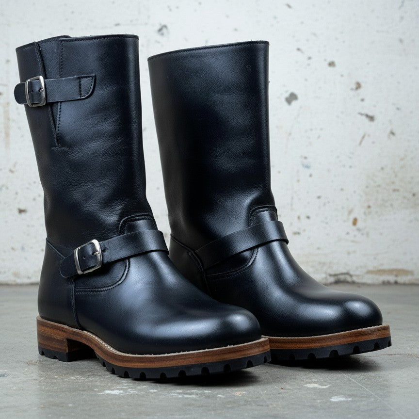 Men's Black  Buckle Full-Grain Leather Rider Boots