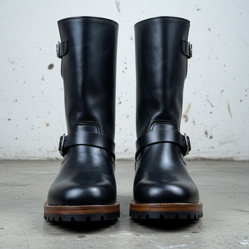 Men's Black  Buckle Full-Grain Leather Rider Boots