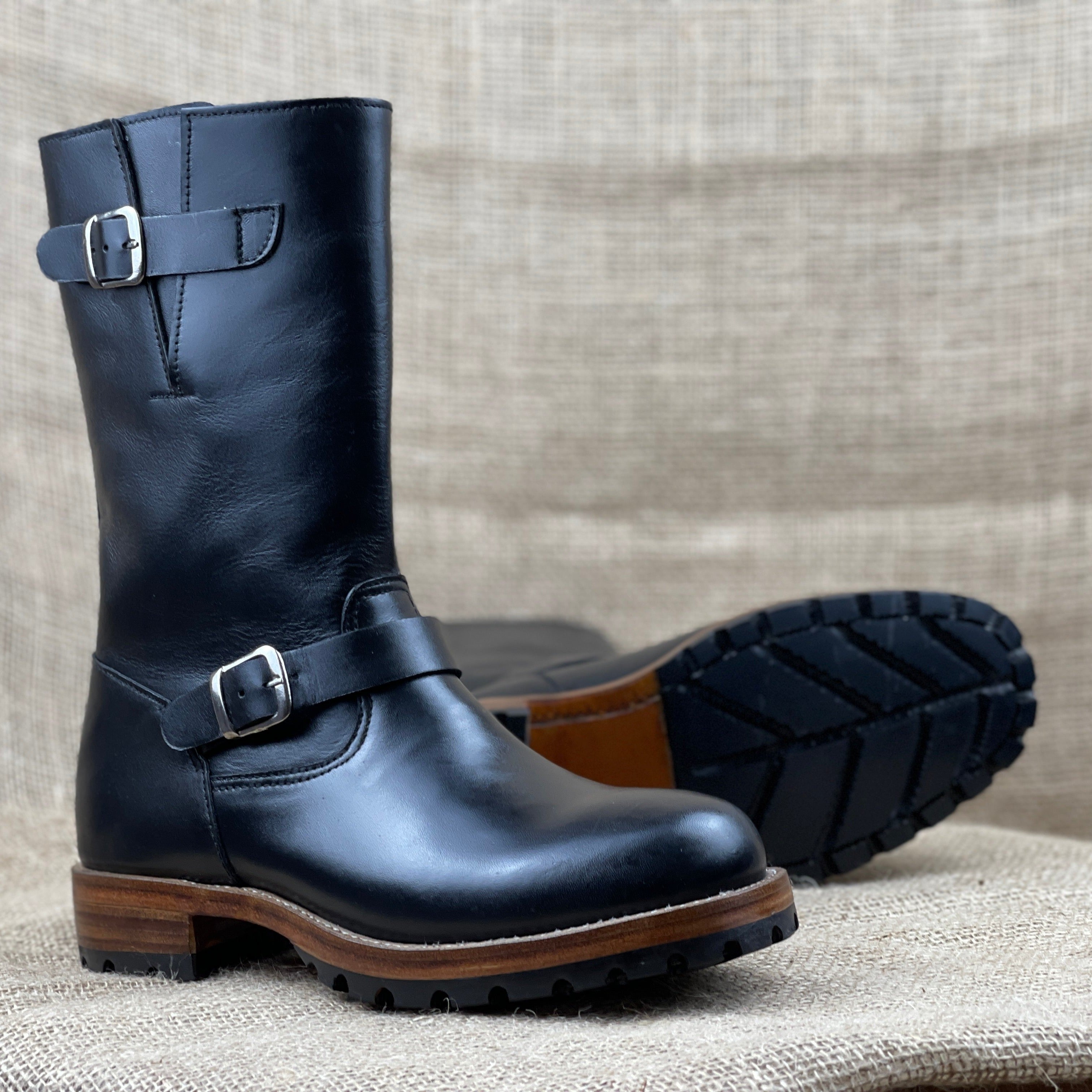 Men's Black  Buckle Full-Grain Leather Rider Boots