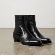 Handmade Men's Black Crocodile Zipper Boots, Men Black Ankle Dress Boot