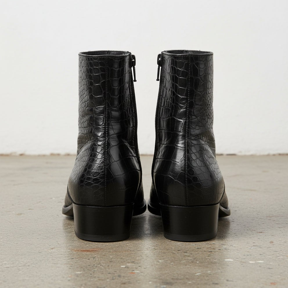 Handmade Men's Black Crocodile Zipper Boots - Men's Black Ankle Dress Boot