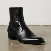 Handmade Men's Black Crocodile Zipper Boots, Men Black Ankle Dress Boot