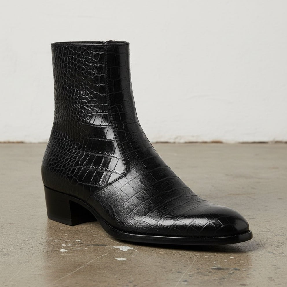 Handmade Men's Black Crocodile Zipper Boots, Men Black Ankle Dress Boot