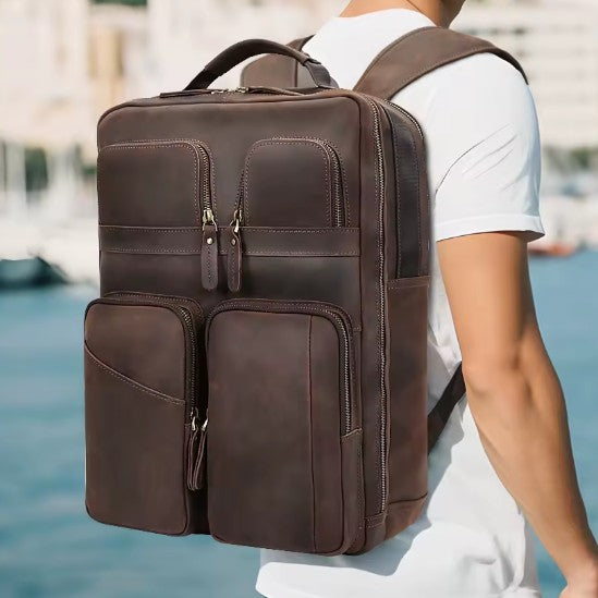 Full-Grain Leather Multi-pocket 16 Inch Laptop Backpack Bag