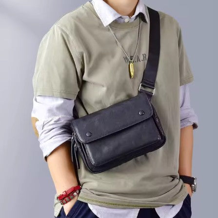 Men's Black Magnetic Buckle Leather Crossbody Bag