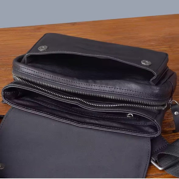 Men's Black Magnetic Buckle Leather Crossbody Bag