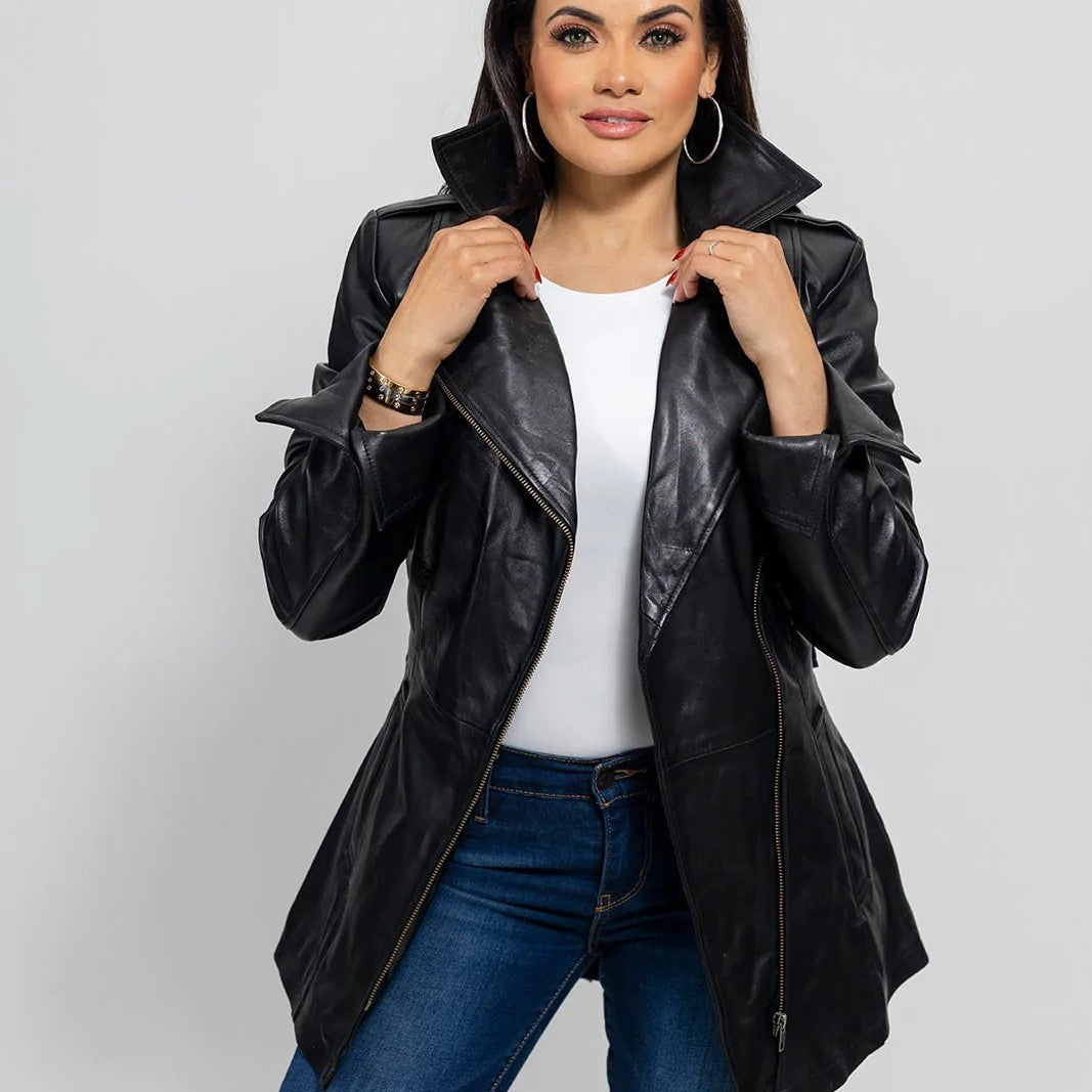 Gothic Dyed Leather Black Women's Long Jacket, Edgy Long Leather Jacket for Women in Black