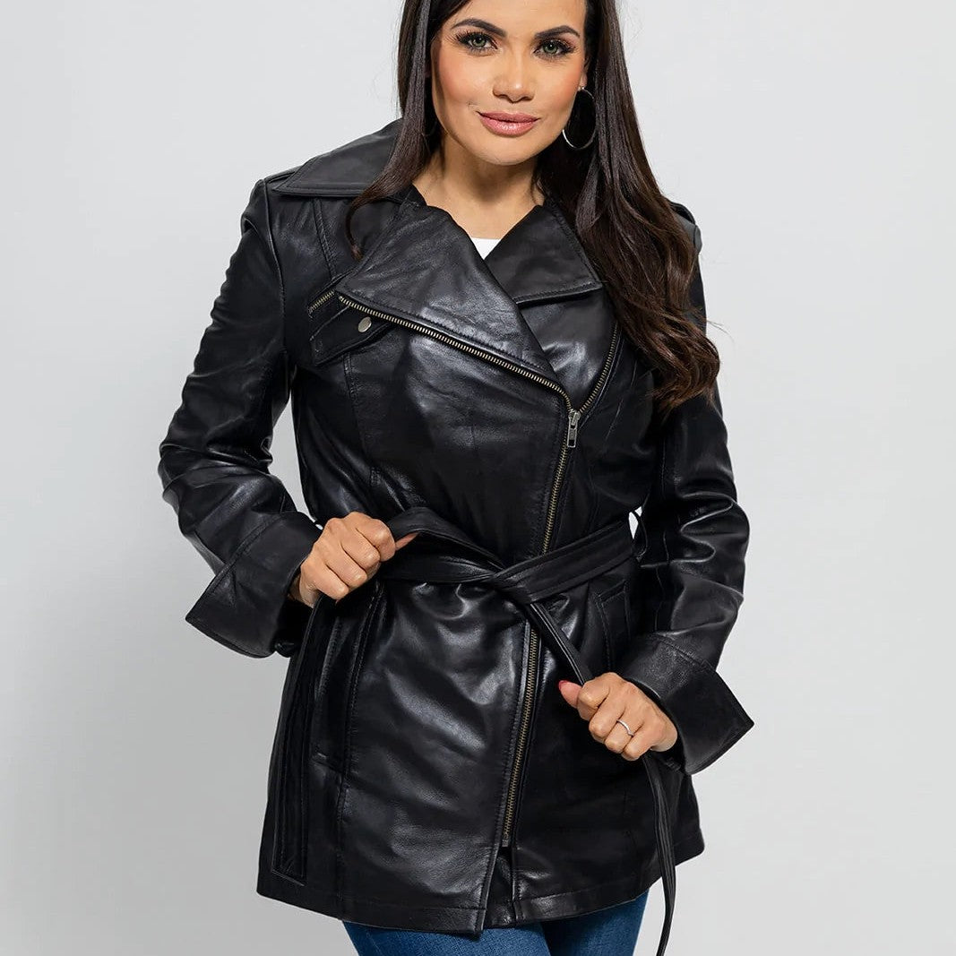 Gothic Dyed Leather Black Women's Long Jacket, Edgy Long Leather Jacket for Women in Black