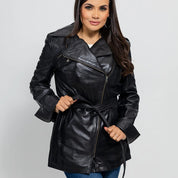 Gothic Dyed Leather Black Women's Long Jacket, Edgy Long Leather Jacket for Women in Black