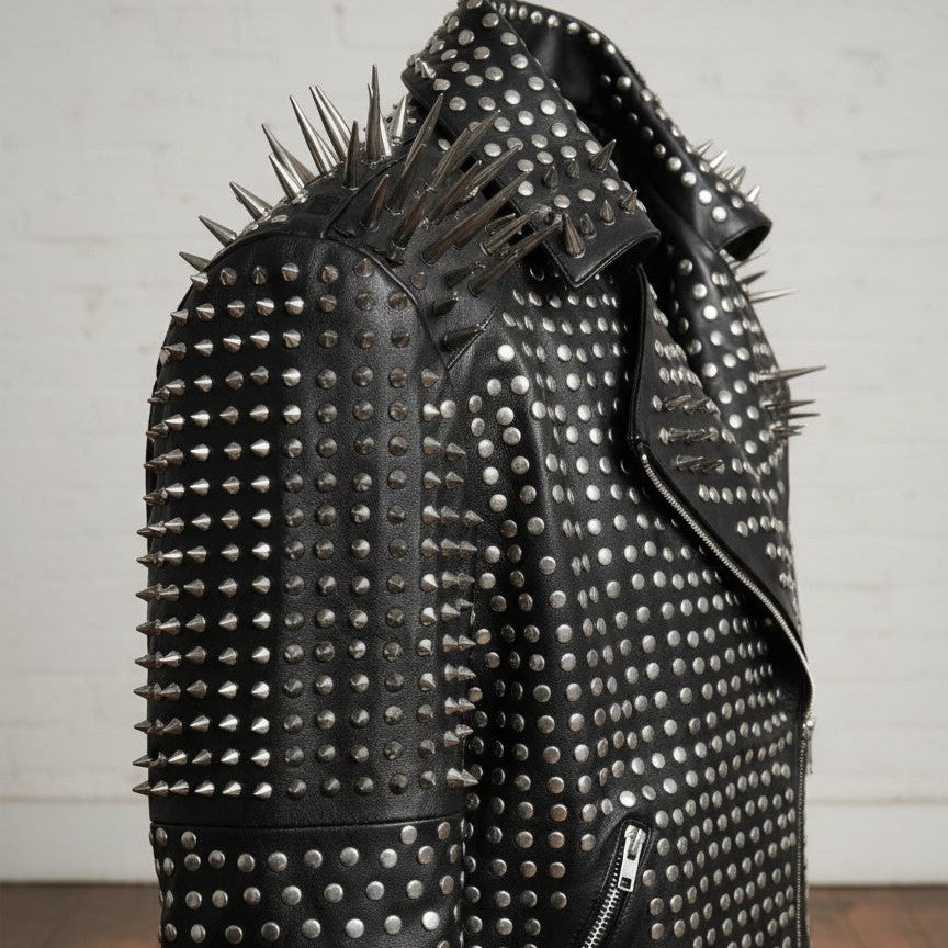 Handmade Men Full Black Punk Silver Long Spiked Studded Leather Brando Biker Jacket