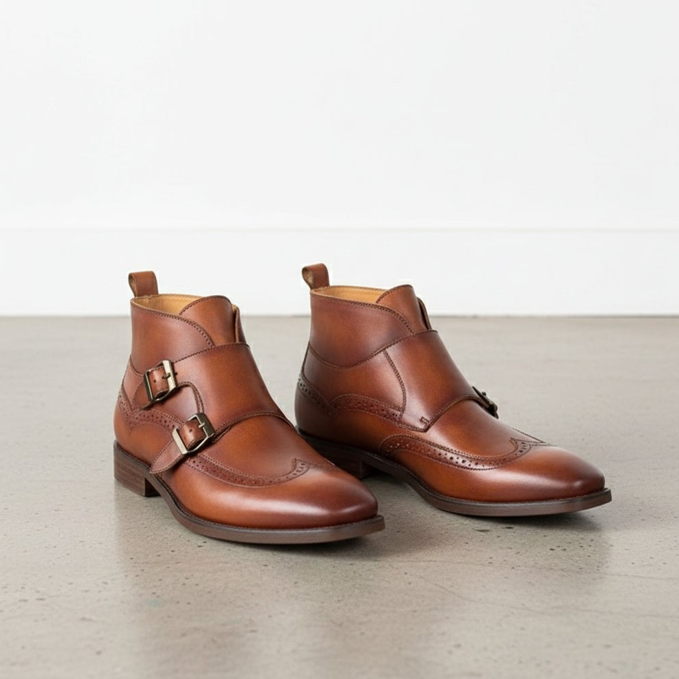Handmade Men's Wing Tip Brogue Double Monk Chukka Boots