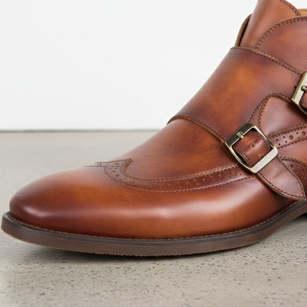 Handmade Men's Wing Tip Brogue Double Monk Chukka Boots