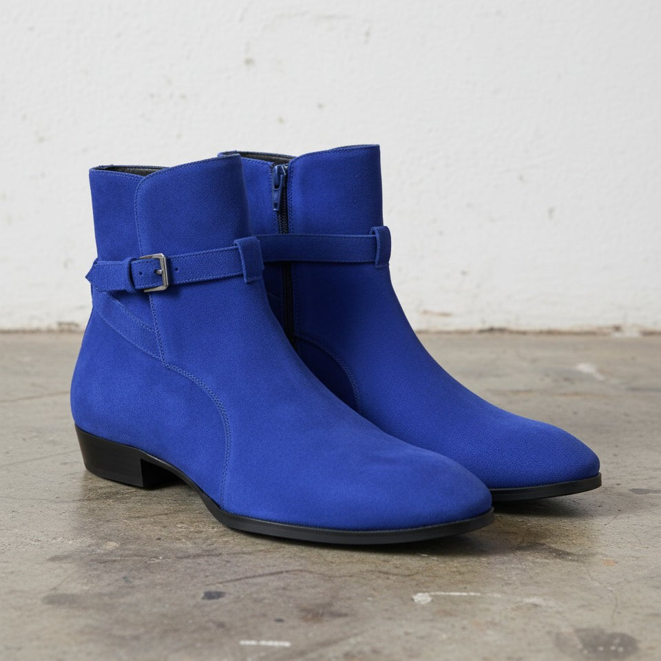 Handmade Men's Blue Suede Jodhpurs Boot, Men Blue Fashion Ankle Boots