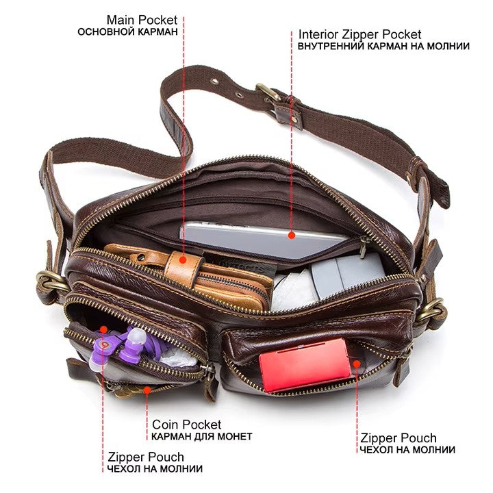 Men’s Full-Grain Leather Belt Bag, Crossbody Fanny Pack with Antique Bronze Hardware