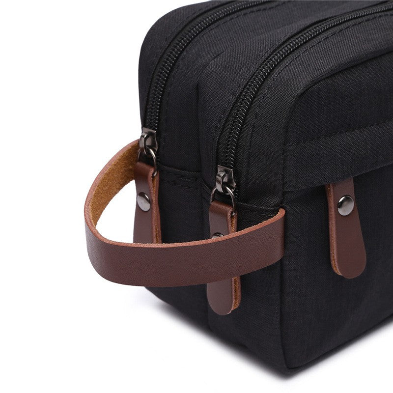 Handmade Canvas Zipper Waterproof Cosmetic Bag with Leather Handles