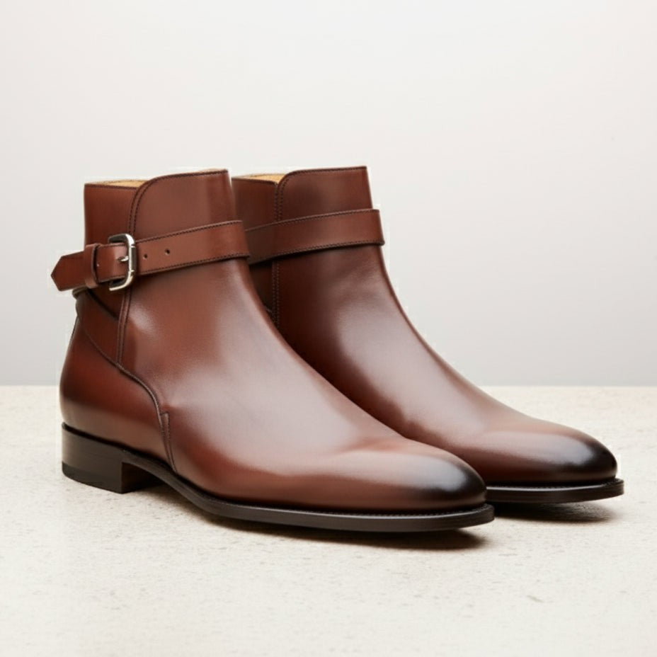Men's Handmade Brown Leather Monk Strap Ankle Boots