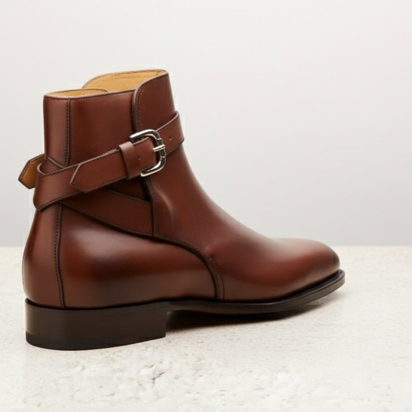 Men's Handmade Brown Leather Monk Strap Ankle Boots