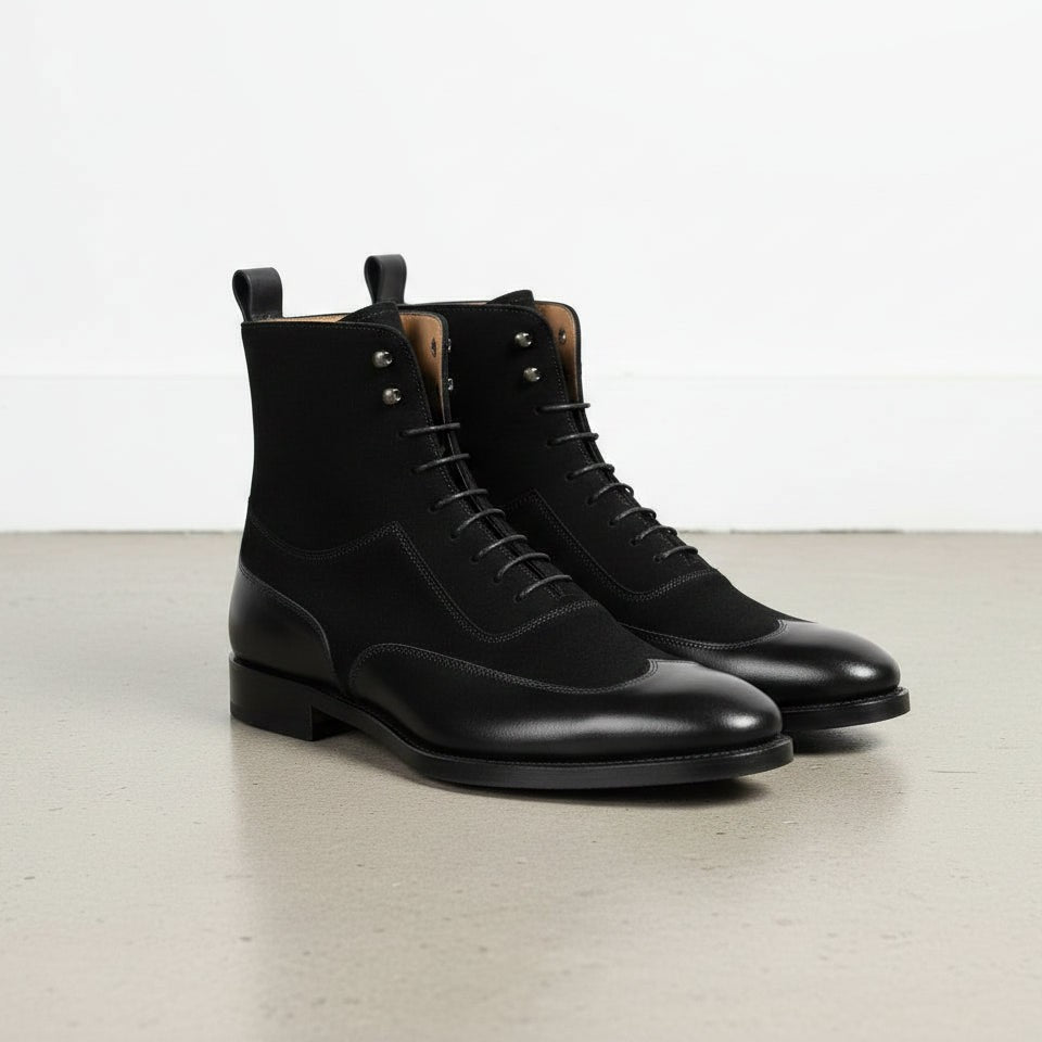 Men Fashion Black Color Wing Tip Ankle Boots, Suede and Leather Boot