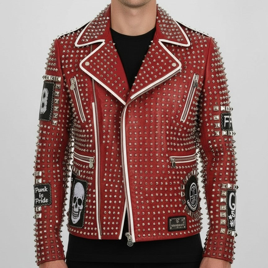 Men's Handmade Multicolor Diamond Studded Brando Retro Motorcycle Rock Punk Jacket