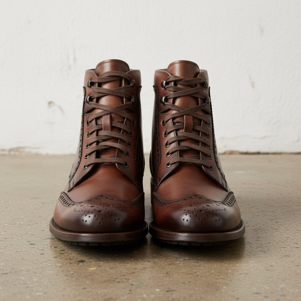 Handcrafted Men's Wing Tip Brogue Lace-Up Boot in Brown