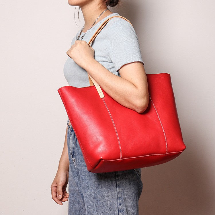 Women's Color-Block Zipper Closure Full-Grain Leather Tote Bag