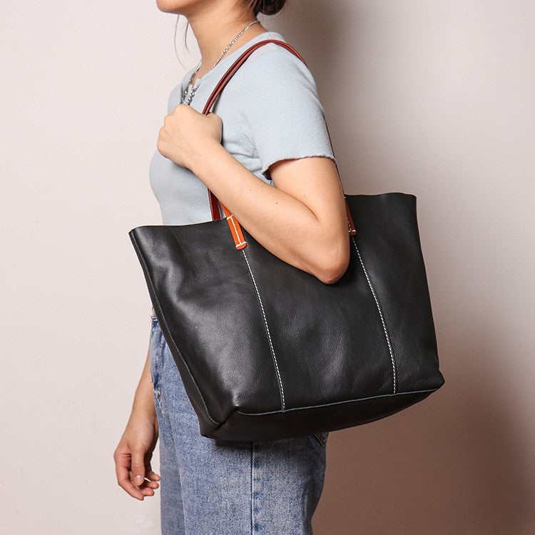 Women's Color-Block Zipper Closure Full-Grain Leather Tote Bag