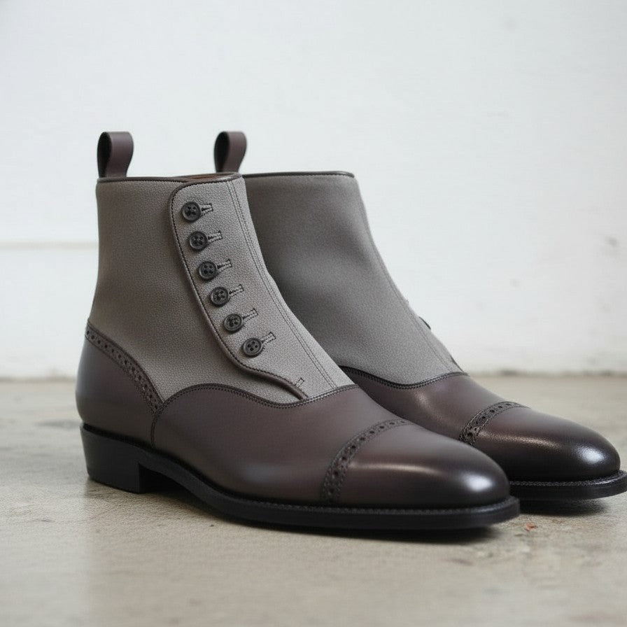 Handmade Mens Two Tone Leather Button Boots, New Casual Button Boot
