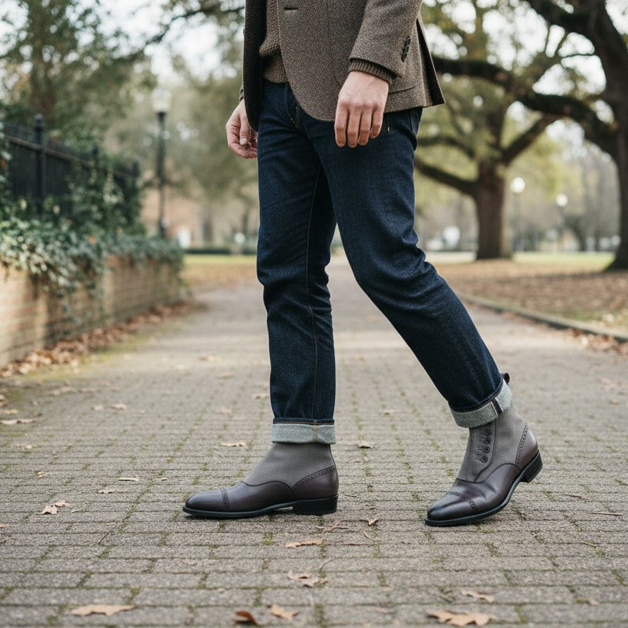 Handmade Men's Two Tone Leather Button Boots - New Men's Casual Button Boot