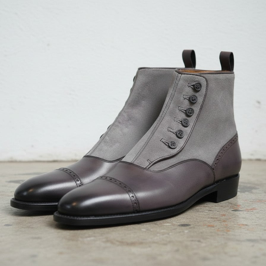 Handmade Mens Two Tone Leather Button Boots, New Casual Button Boot