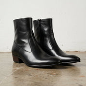 Handmade Men's Black Ankle Leather Boot with Side Zipper