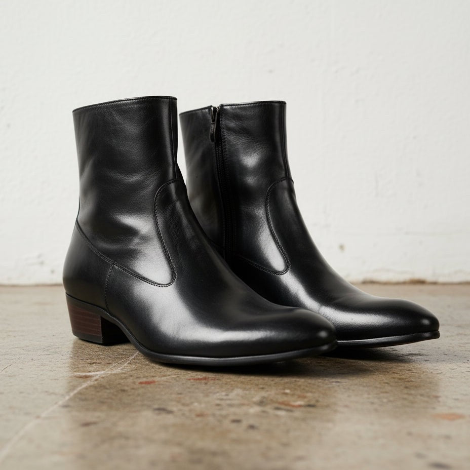 Handmade Men's Black Ankle Leather Boot with Side Zipper