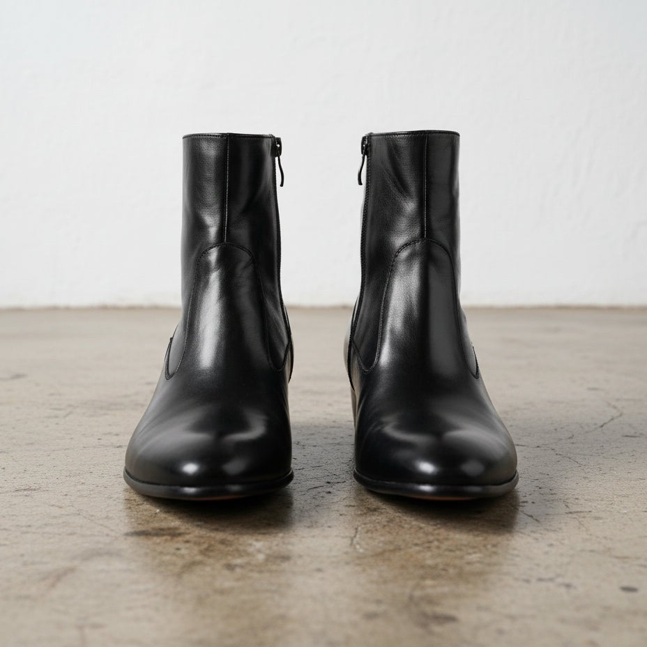 Handmade Men's Black Ankle Leather Boot with Side Zipper