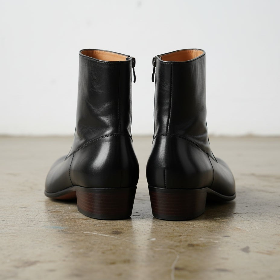 Handmade Men's Black Ankle Leather Boot with Side Zipper
