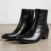 Handmade Men's Black Ankle Leather Boot with Side Zipper