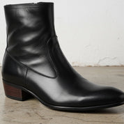 Handmade Men's Black Ankle Leather Boot with Side Zipper