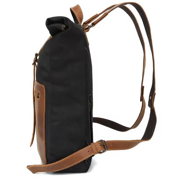 Black and Brown Leather-Accented Canvas Backpack
