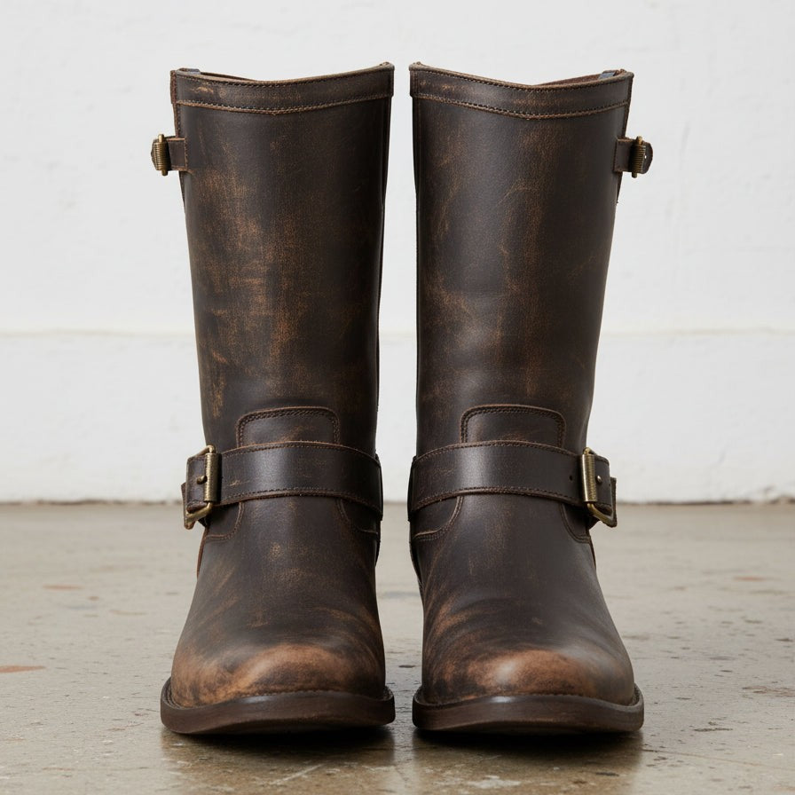 Handcrafted Men's Genuine Calf Leather Cowboy Boots in Dark Brown