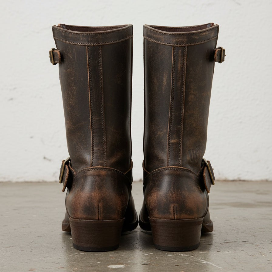 Handcrafted Men's Genuine Calf Leather Cowboy Boots in Dark Brown