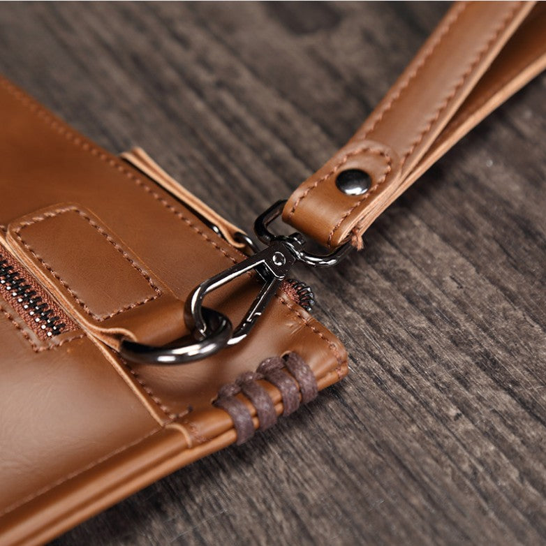 handmade Unisex Brown Wristlet Strap Full-Grain Leather Clutch Bag